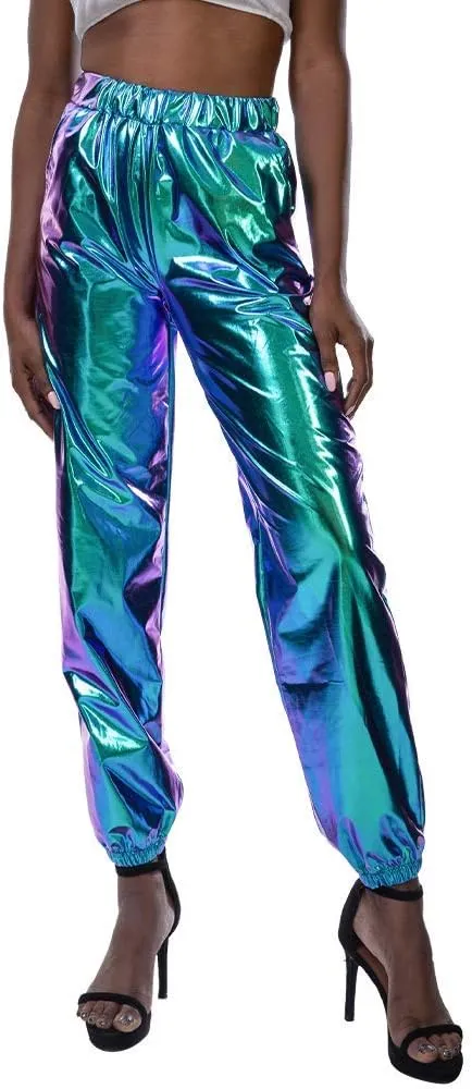 IWEMEK Women Metallic Punk Holographic Leggings Pants Hip Hop Disco Activewear Jogger High Waisted Sweatpants with Pockets
