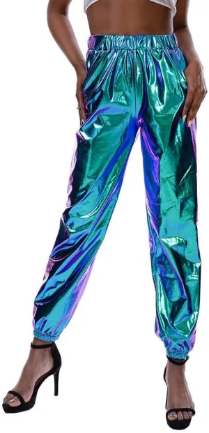 IWEMEK Women Metallic Punk Holographic Leggings Pants Hip Hop Disco Activewear Jogger High Waisted Sweatpants with Pockets