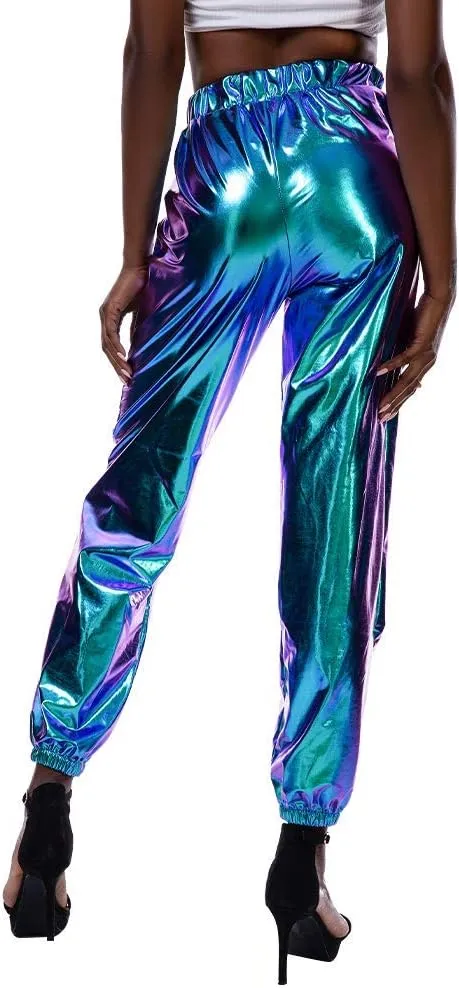 IWEMEK Women Metallic Punk Holographic Leggings Pants Hip Hop Disco Activewear Jogger High Waisted Sweatpants with Pockets