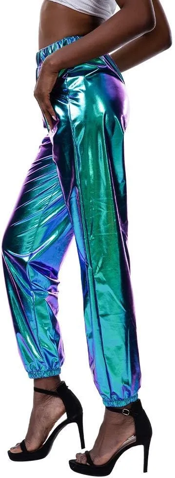 IWEMEK Women Metallic Punk Holographic Leggings Pants Hip Hop Disco Activewear Jogger High Waisted Sweatpants with Pockets