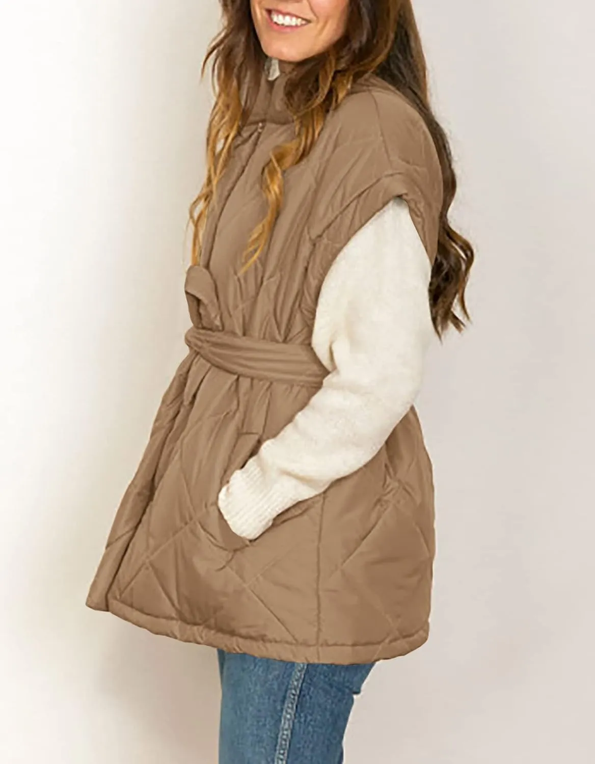 Jeanewpole1 Women's Padded Puffy Vest Stand Collar Sleeveless Zip Gilet with Belt