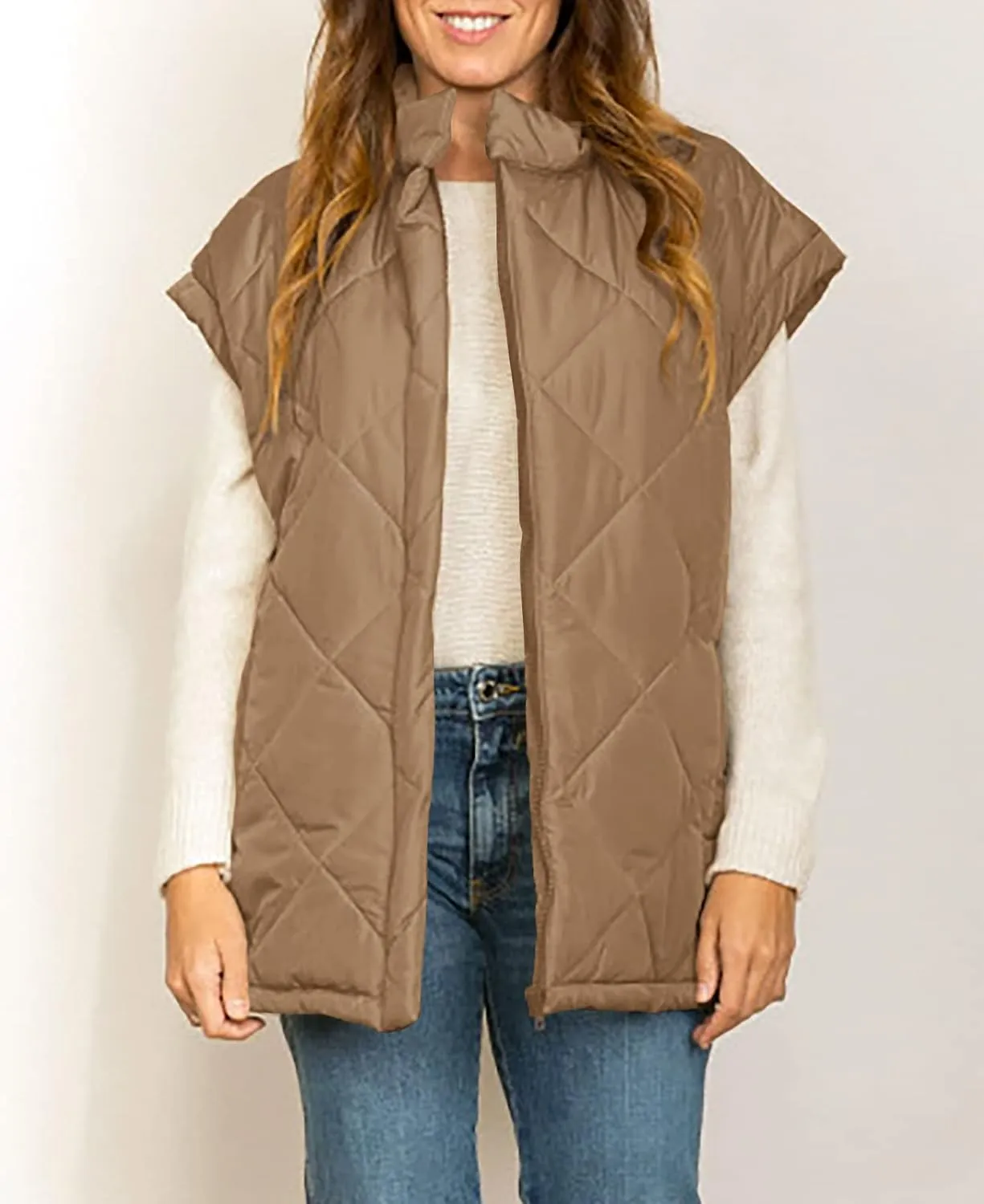 Jeanewpole1 Women's Padded Puffy Vest Stand Collar Sleeveless Zip Gilet with Belt