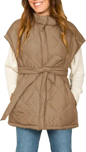 Jeanewpole1 Women's Padded Puffy Vest Stand Collar Sleeveless Zip Gilet with Belt