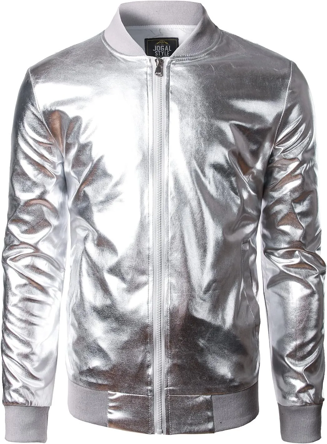 JOGAL Men's Metallic Silver Jacket Gold 70's Disco Costume