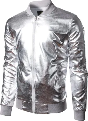 JOGAL Men's Metallic Silver Jacket Gold 70's Disco Costume