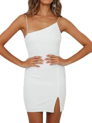 Just Quella Women's Asymmetric Neckline Bodycon Mini Dress Sexy Split Party Dresses