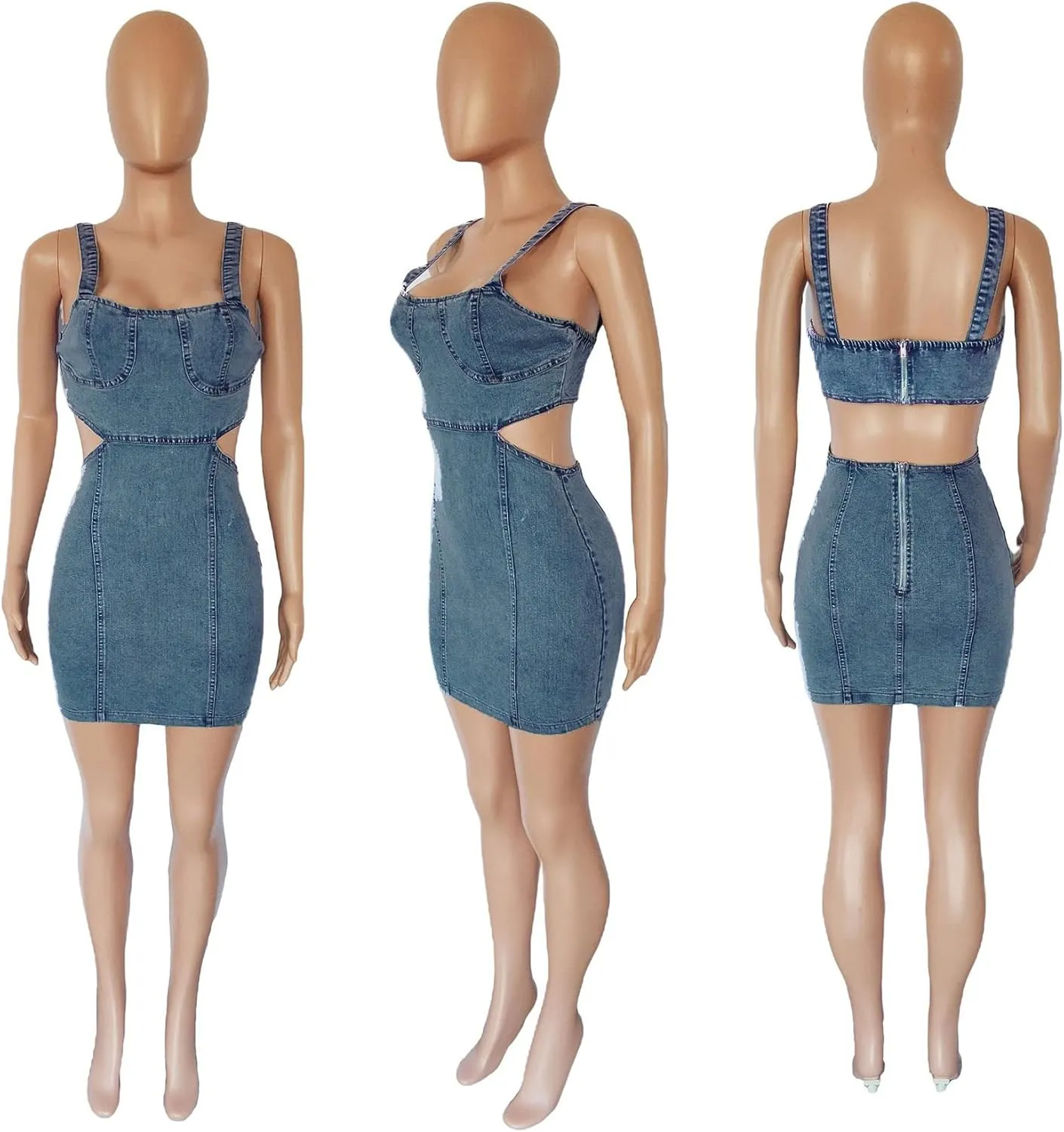 JWJP&CCYIQI Denim Bodycon Dress One Piece Cut Out Sleeveless Jean Mini Dresses