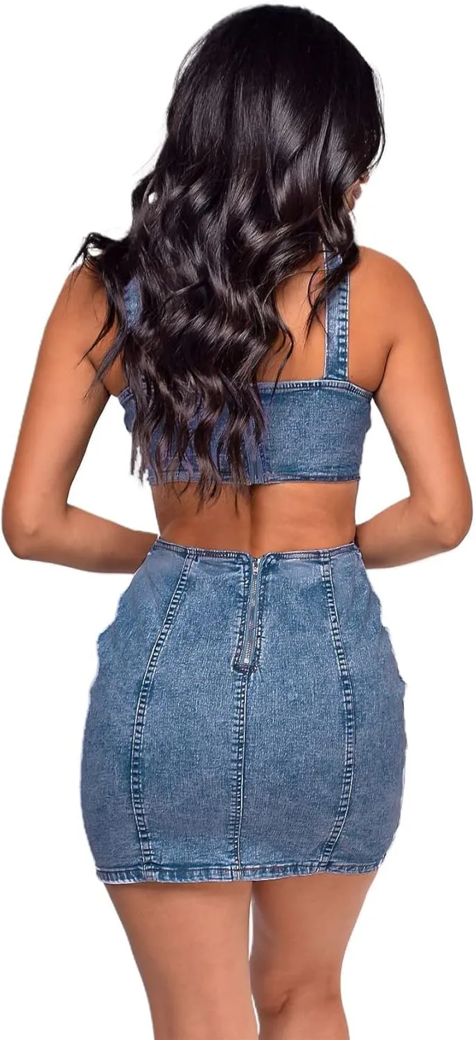 JWJP&CCYIQI Denim Bodycon Dress One Piece Cut Out Sleeveless Jean Mini Dresses