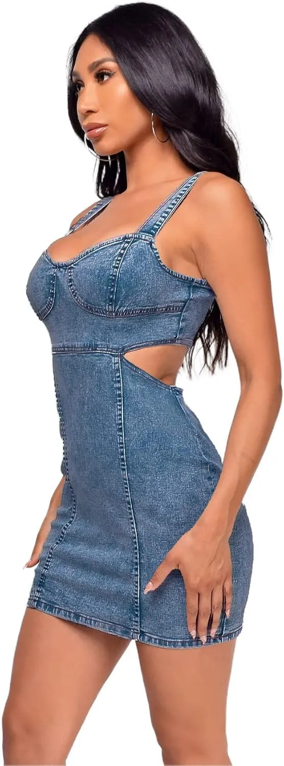 JWJP&CCYIQI Denim Bodycon Dress One Piece Cut Out Sleeveless Jean Mini Dresses