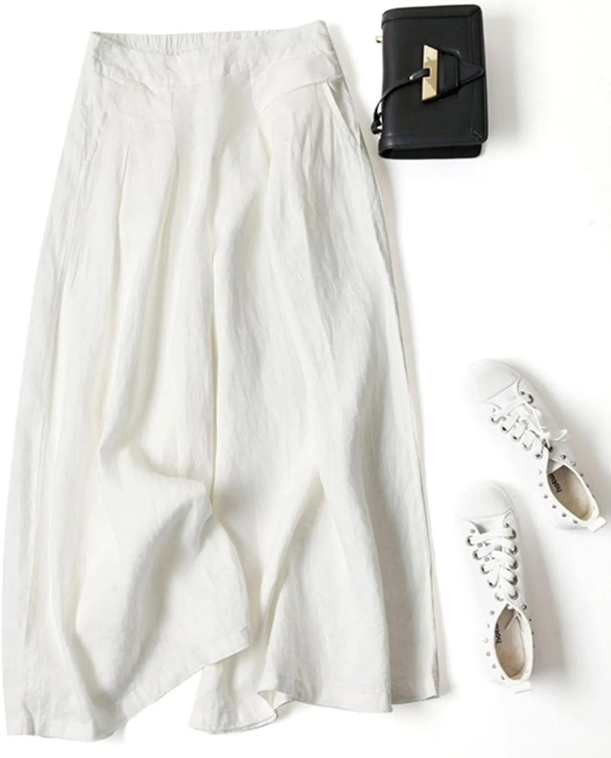 Kubbon Women's Cotton Linen High Waisted Palazzo Pants Wide Leg Lounge Pants Flowy Summer Drawstring Slimming Trousers