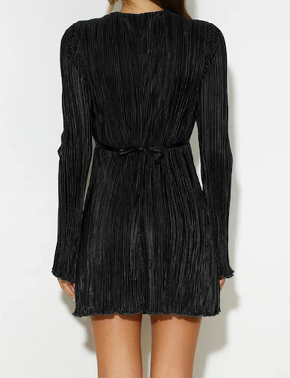 Lancifolium Pleated Long Sleeve Satin Mini Dress New in 2024 Wedding Guest Casual Cocktail Office Party Dresses