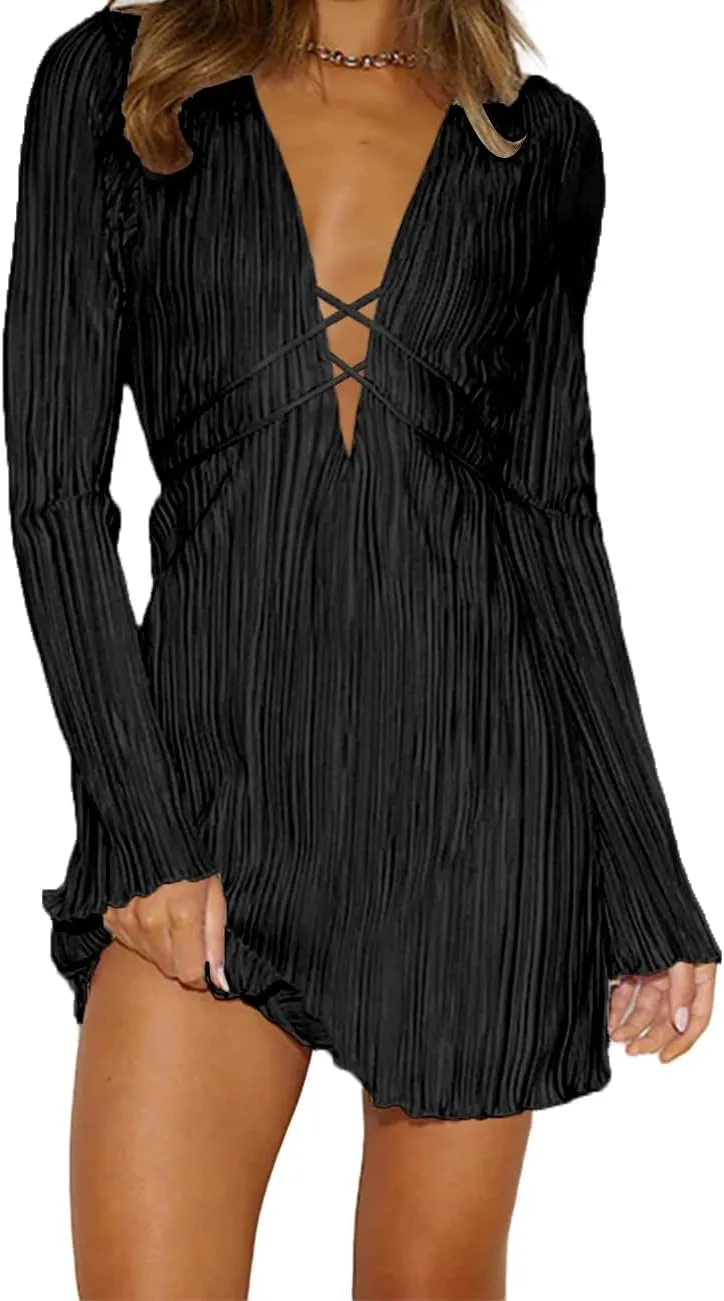 Lancifolium Pleated Long Sleeve Satin Mini Dress New in 2024 Wedding Guest Casual Cocktail Office Party Dresses