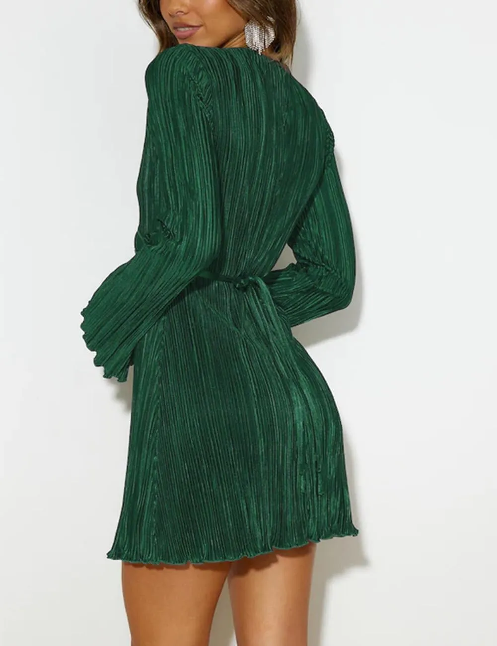 Lancifolium Pleated Long Sleeve Satin Mini Dress New in 2024 Wedding Guest Casual Cocktail Office Party Dresses