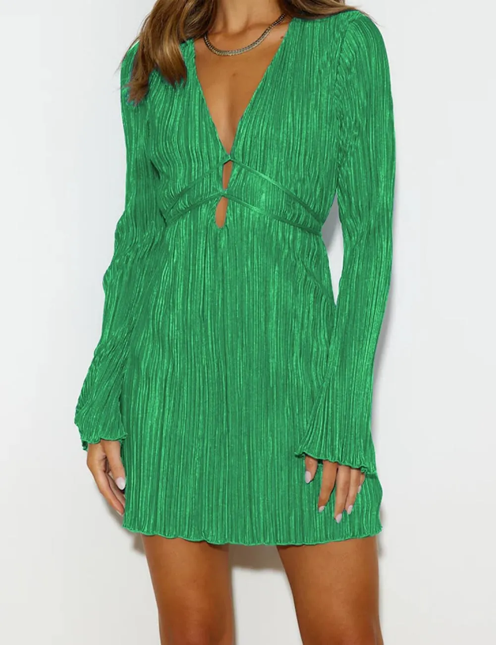 Lancifolium Pleated Long Sleeve Satin Mini Dress New in 2024 Wedding Guest Casual Cocktail Office Party Dresses