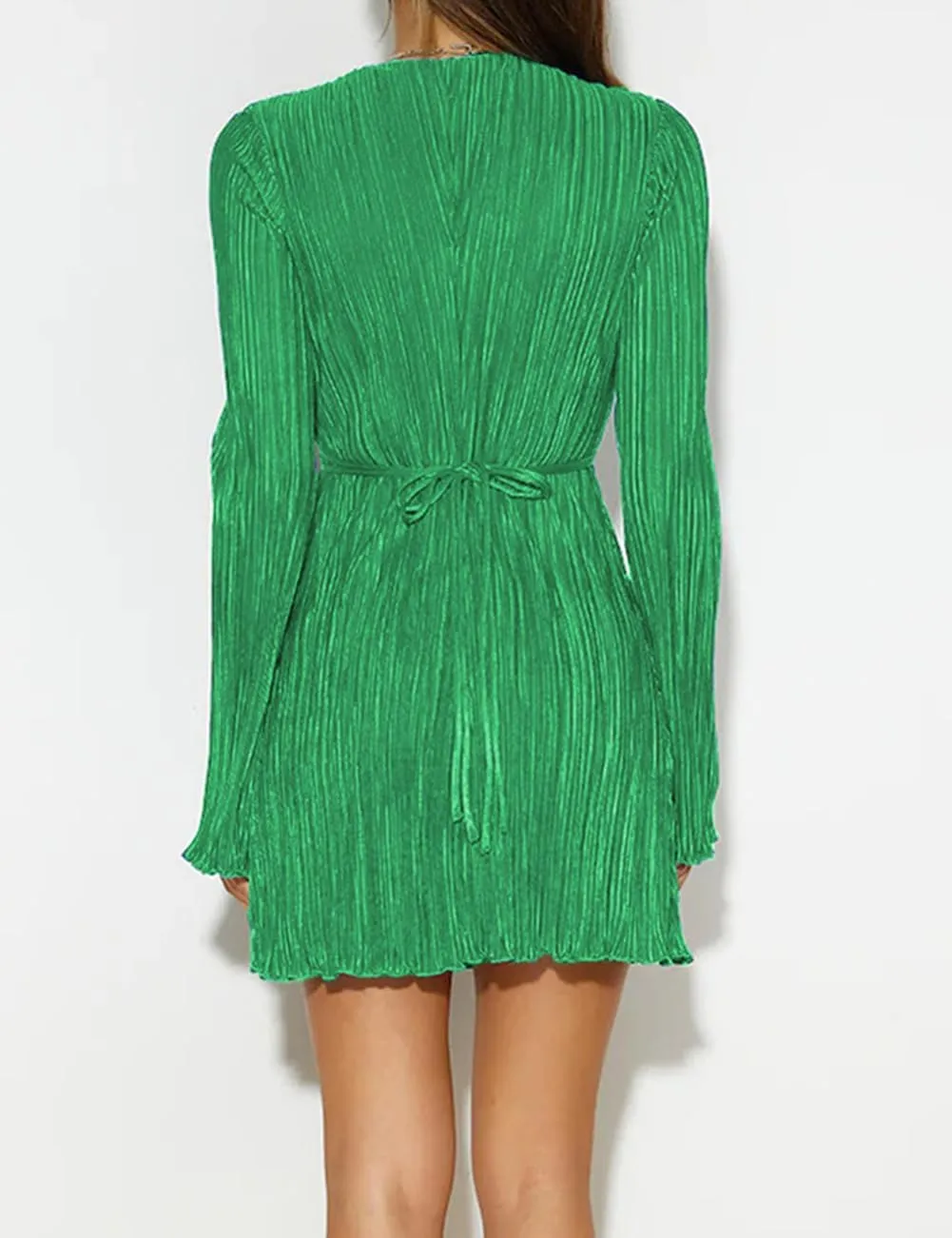 Lancifolium Pleated Long Sleeve Satin Mini Dress New in 2024 Wedding Guest Casual Cocktail Office Party Dresses