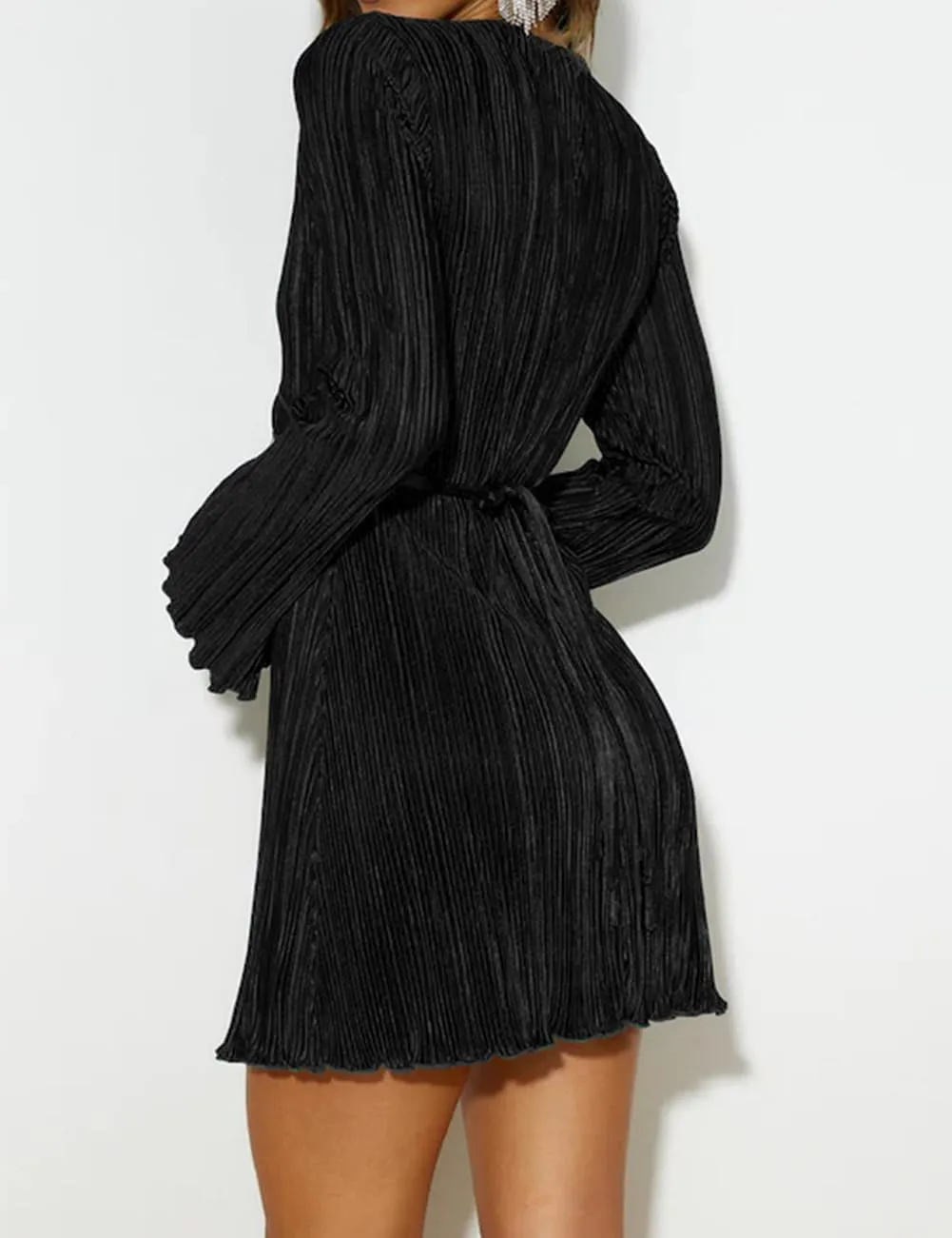 Lancifolium Pleated Long Sleeve Satin Mini Dress New in 2024 Wedding Guest Casual Cocktail Office Party Dresses