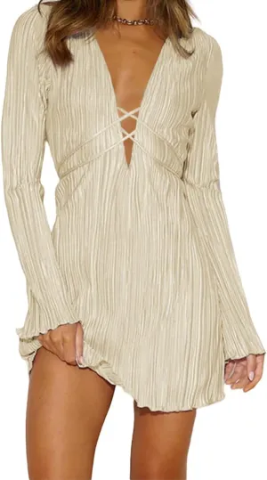 Lancifolium Pleated Long Sleeve Satin Mini Dress New in 2024 Wedding Guest Casual Cocktail Office Party Dresses