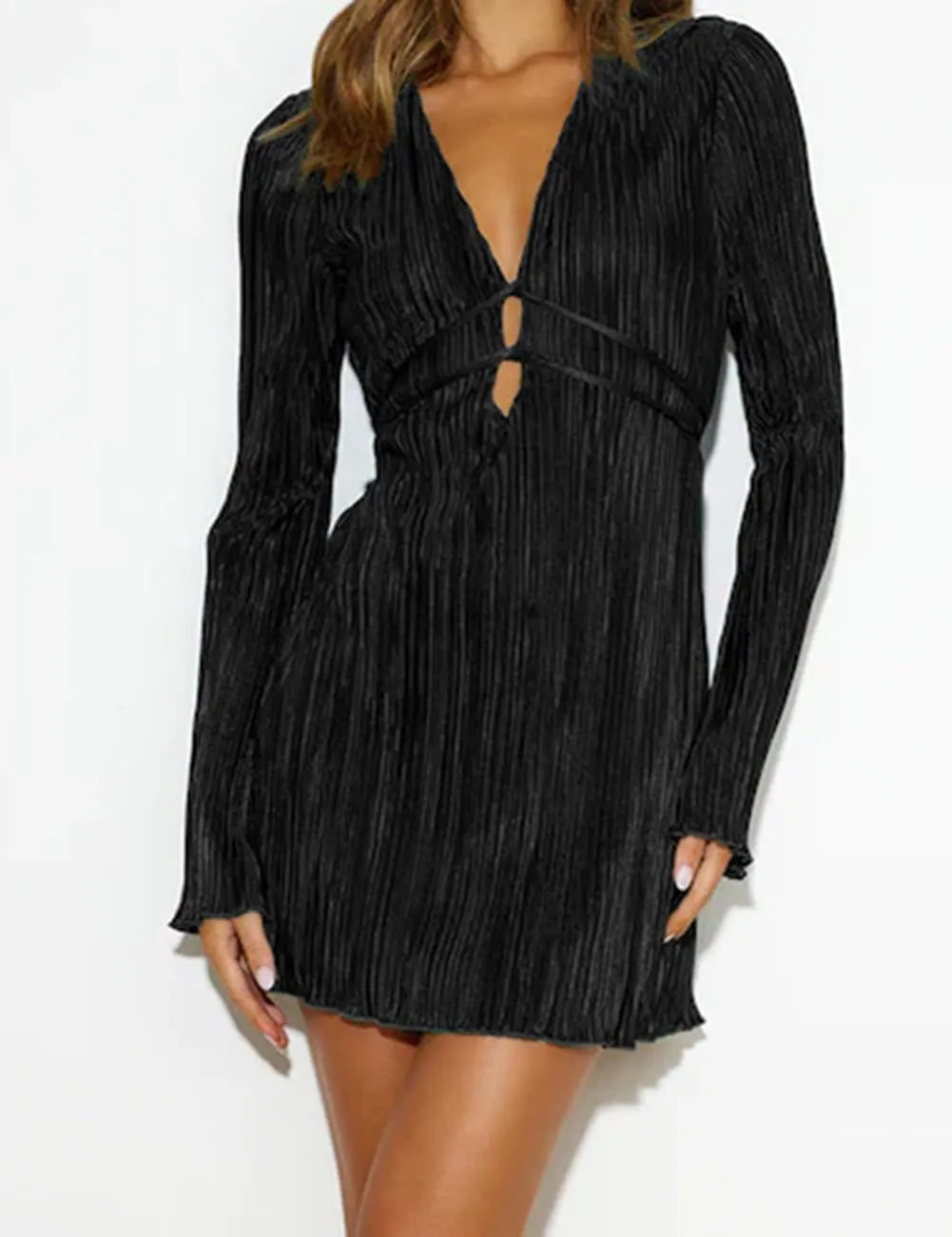Lancifolium Pleated Long Sleeve Satin Mini Dress New in 2024 Wedding Guest Casual Cocktail Office Party Dresses
