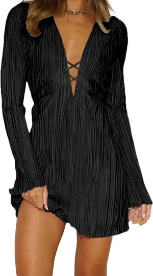 Lancifolium Pleated Long Sleeve Satin Mini Dress New in 2024 Wedding Guest Casual Cocktail Office Party Dresses
