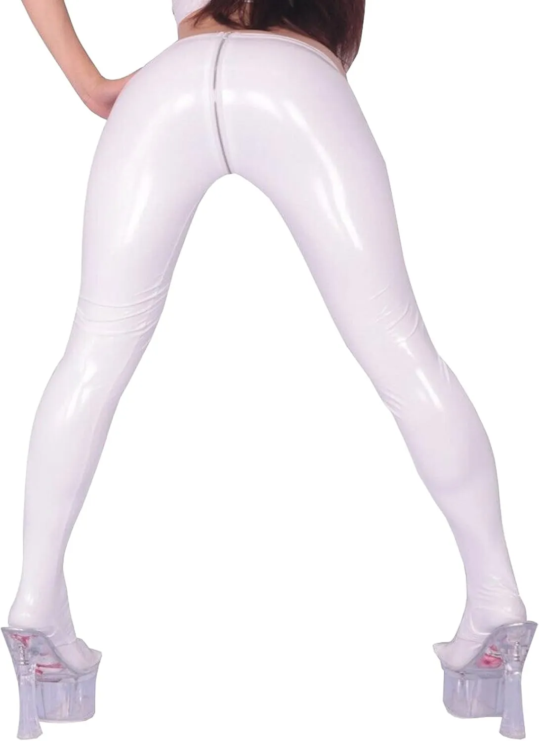LESOYA Women's Sexy Shiny PVC Leather Leggings Stretchy Skinny Pants Full Zipper Crotch Footed Trousers