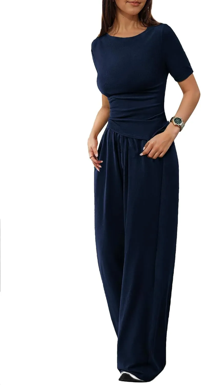 LICOBOD Asymmetrical 2 piece lounge set women long sleeve travel Outfits Comfy Loungewear Wide Leg Pants Casual Tracksuit
