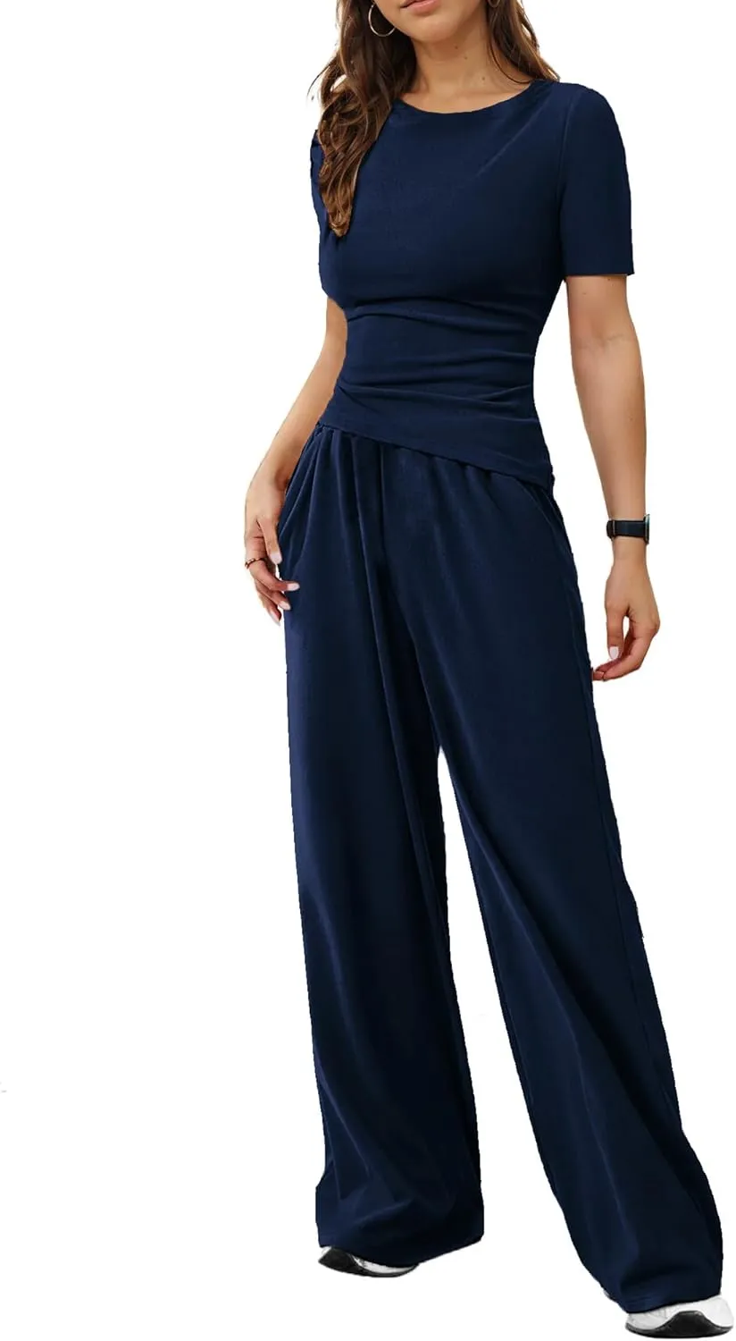 LICOBOD Asymmetrical 2 piece lounge set women long sleeve travel Outfits Comfy Loungewear Wide Leg Pants Casual Tracksuit