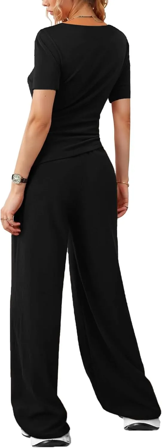 LICOBOD Asymmetrical 2 piece lounge set women long sleeve travel Outfits Comfy Loungewear Wide Leg Pants Casual Tracksuit