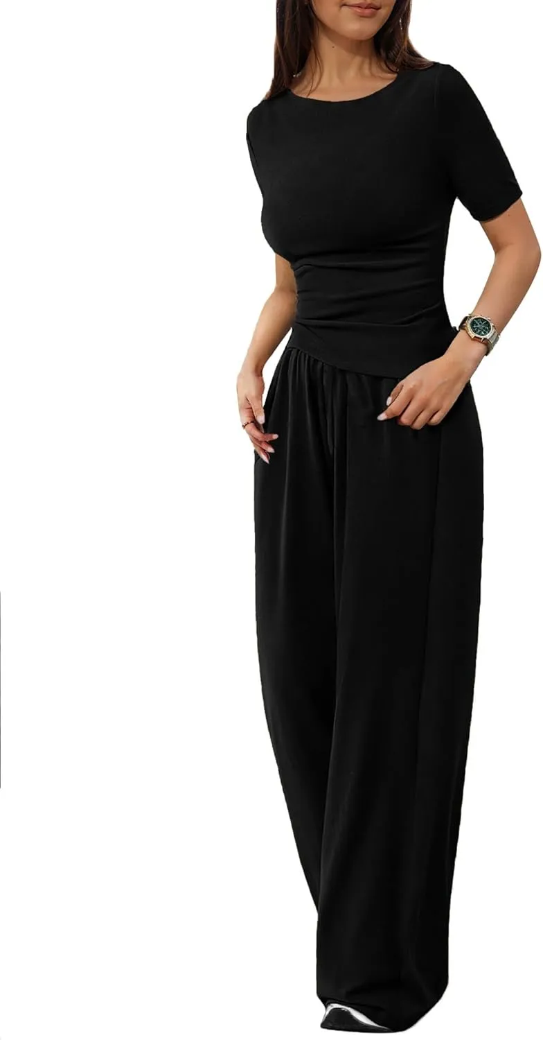 LICOBOD Asymmetrical 2 piece lounge set women long sleeve travel Outfits Comfy Loungewear Wide Leg Pants Casual Tracksuit