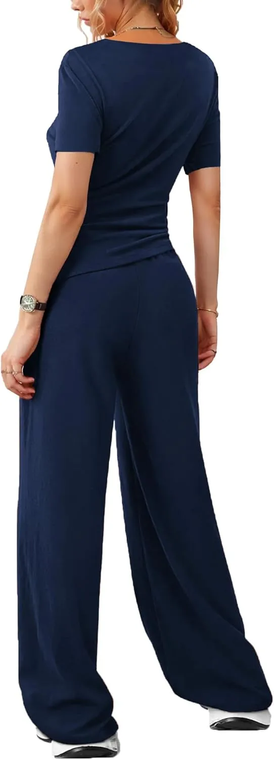 LICOBOD Asymmetrical 2 piece lounge set women long sleeve travel Outfits Comfy Loungewear Wide Leg Pants Casual Tracksuit