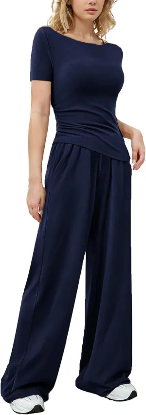 LICOBOD Asymmetrical 2 piece lounge set women long sleeve travel Outfits Comfy Loungewear Wide Leg Pants Casual Tracksuit