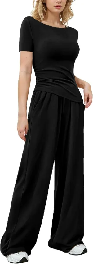 LICOBOD Asymmetrical 2 piece lounge set women long sleeve travel Outfits Comfy Loungewear Wide Leg Pants Casual Tracksuit