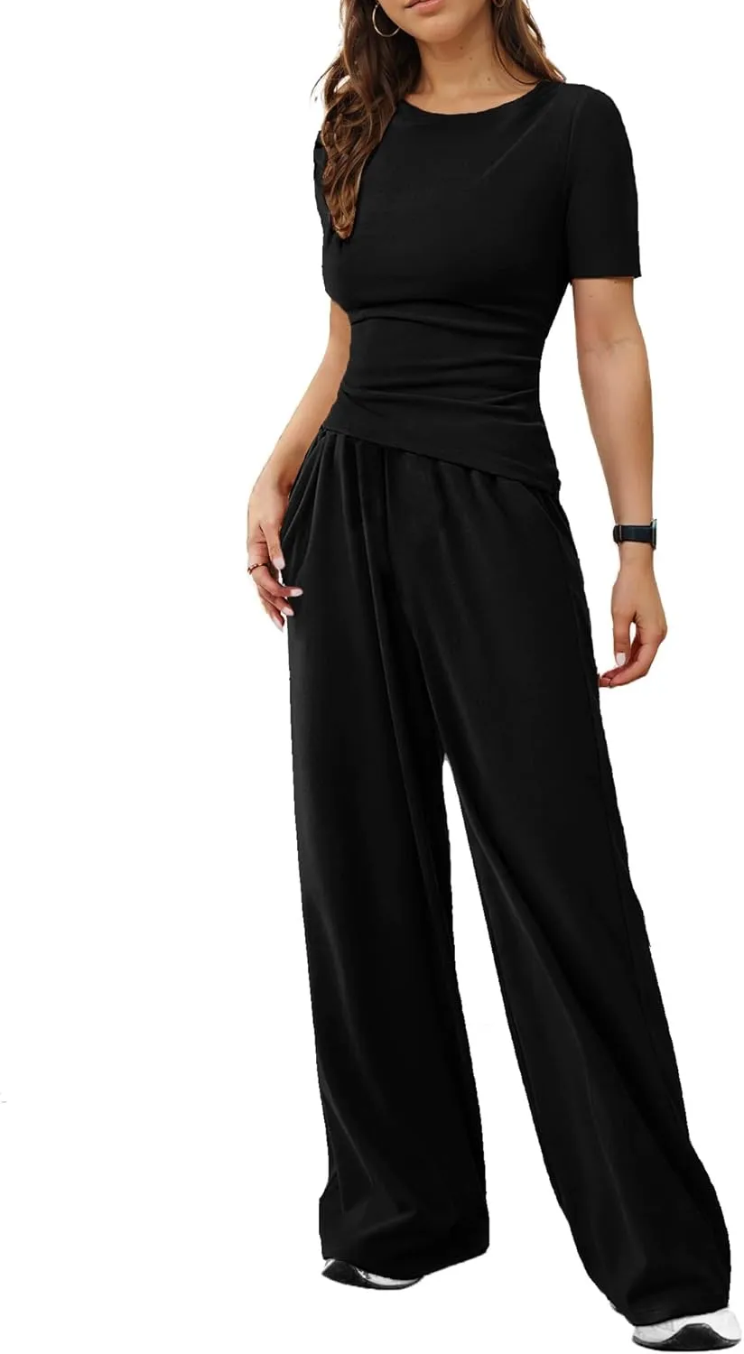 LICOBOD Asymmetrical 2 piece lounge set women long sleeve travel Outfits Comfy Loungewear Wide Leg Pants Casual Tracksuit