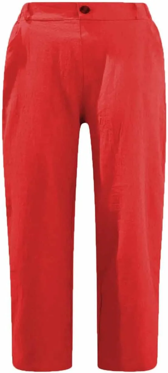 Linen Pants for Women High Waisted Wide Leg Capris Summer Casual Button Elastic Waist Cropped Trousers with Pockets