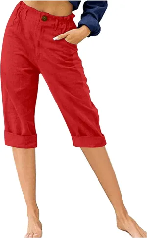 Linen Pants for Women High Waisted Wide Leg Capris Summer Casual Button Elastic Waist Cropped Trousers with Pockets
