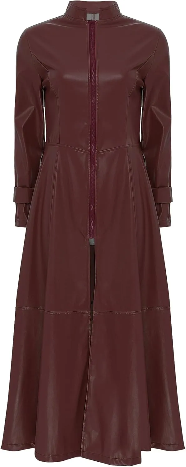 Linjinx Women's Faux Leather Jacket Trench Coat Steampunk Vintage Full Zipper Ankle Length Dress