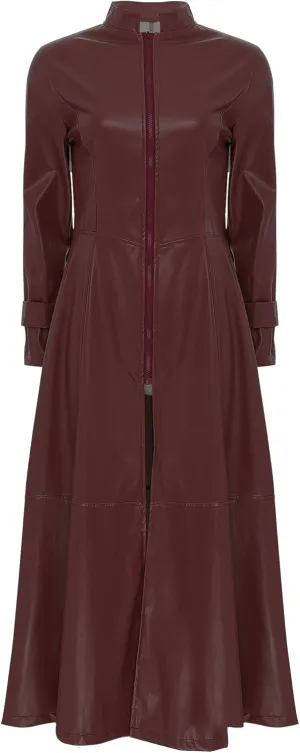 Linjinx Women's Faux Leather Jacket Trench Coat Steampunk Vintage Full Zipper Ankle Length Dress