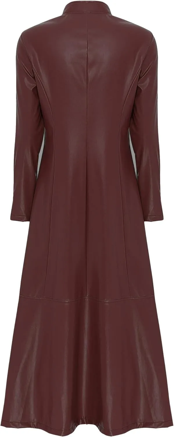 Linjinx Women's Faux Leather Jacket Trench Coat Steampunk Vintage Full Zipper Ankle Length Dress