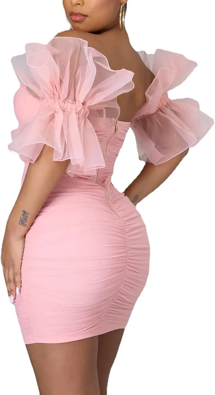 LKOUS Elegant Club & Night Out Dresses, Off Shoulder Evening Birthday Dresses, Solid Color Bodycon Mini Dress