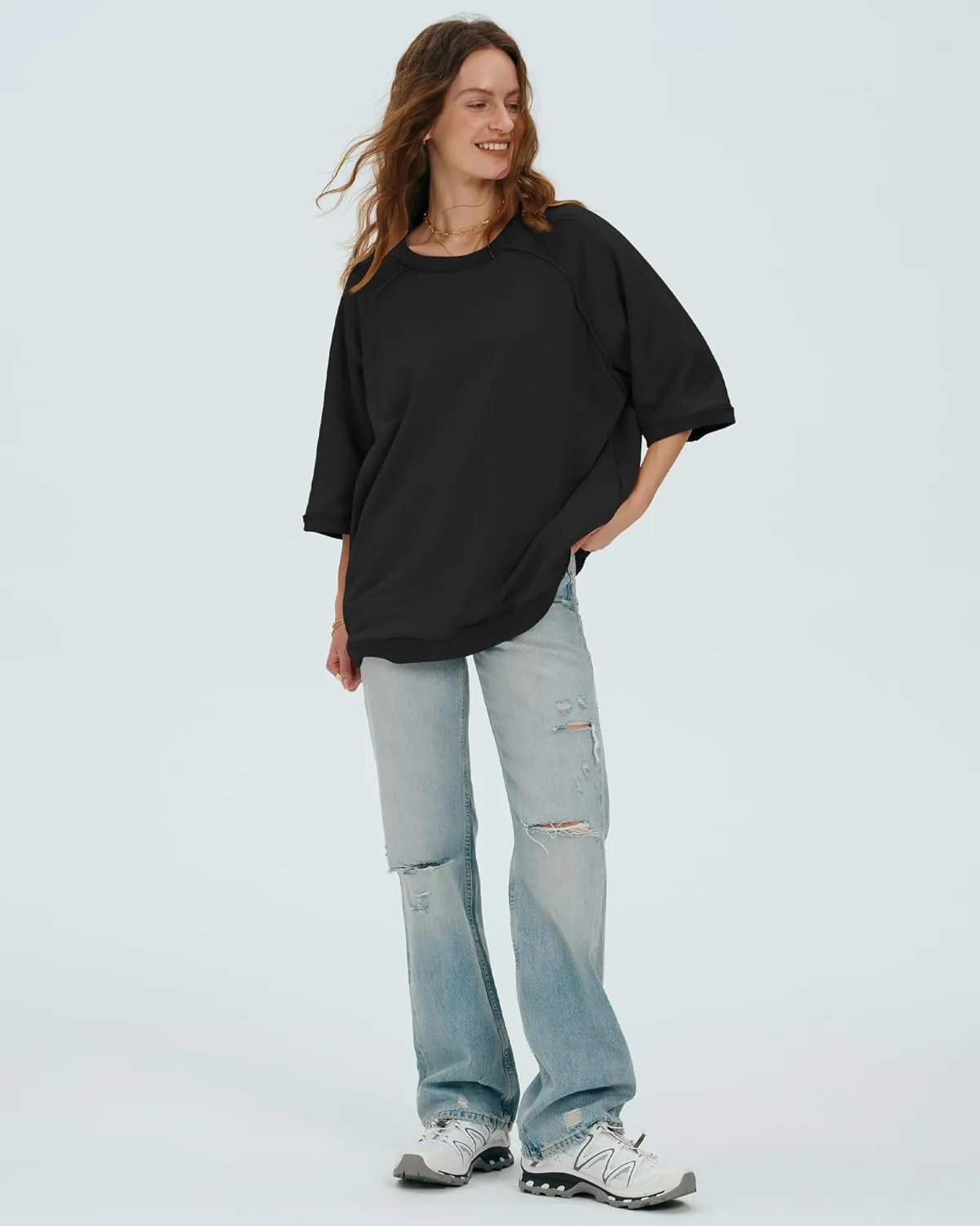 Locachy Women's Casual Crew Neck Sweatshirt Oversized 3/4 Sleeve Pullover Tops 2025 Fashion