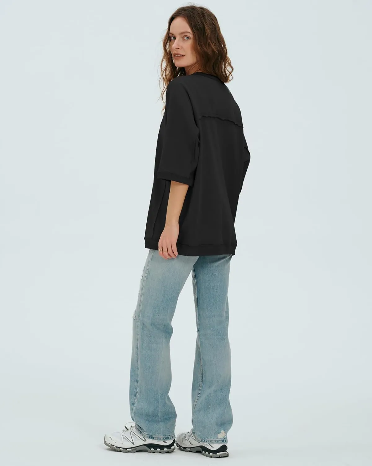 Locachy Women's Casual Crew Neck Sweatshirt Oversized 3/4 Sleeve Pullover Tops 2025 Fashion