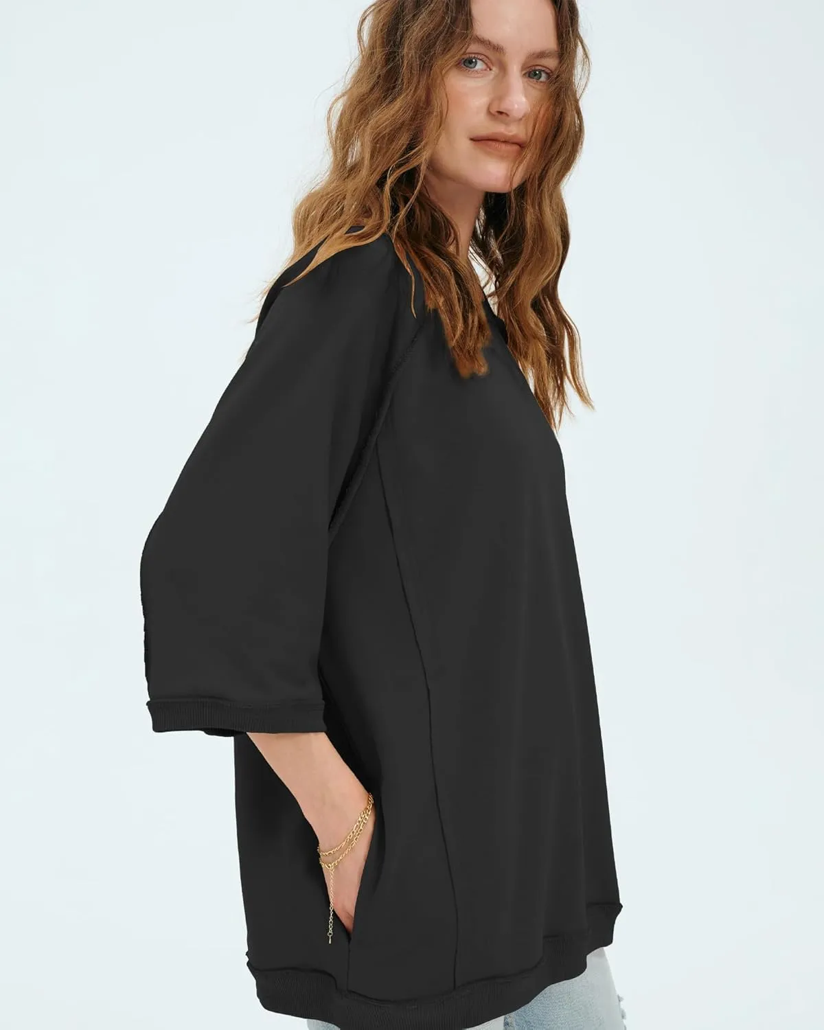 Locachy Women's Casual Crew Neck Sweatshirt Oversized 3/4 Sleeve Pullover Tops 2025 Fashion