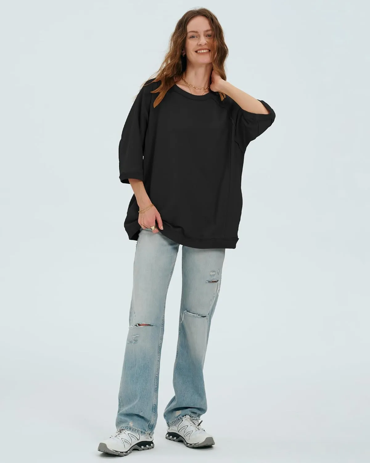 Locachy Women's Casual Crew Neck Sweatshirt Oversized 3/4 Sleeve Pullover Tops 2025 Fashion