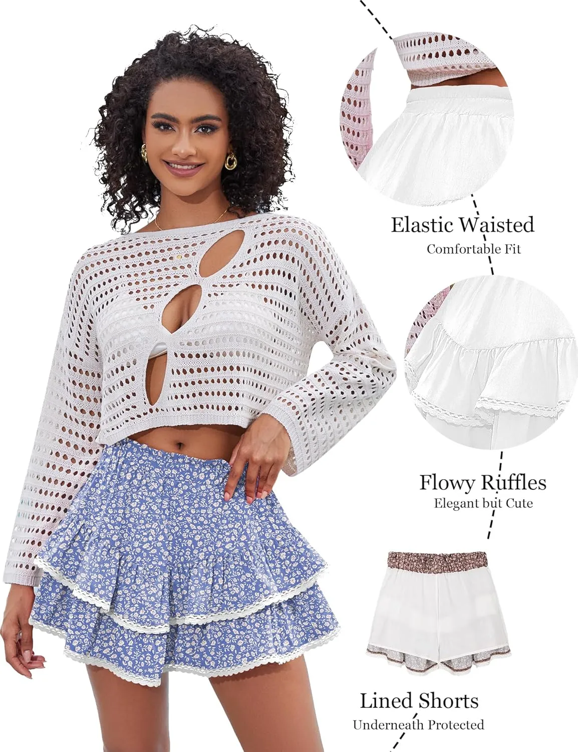 LOMON Flowy Skorts for Women Ruffle Tiered Skorts Casual High Waist Mini Skirts Tennis Golf Crochet Shorts