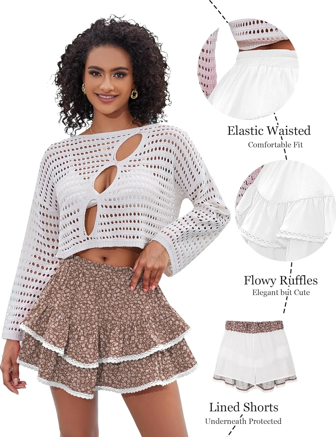 LOMON Flowy Skorts for Women Ruffle Tiered Skorts Casual High Waist Mini Skirts Tennis Golf Crochet Shorts