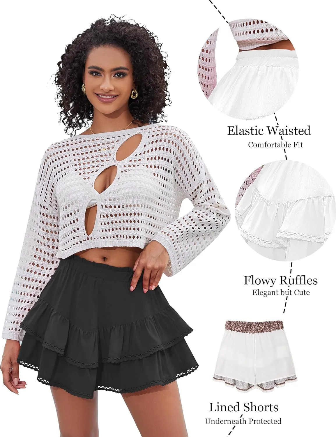 LOMON Flowy Skorts for Women Ruffle Tiered Skorts Casual High Waist Mini Skirts Tennis Golf Crochet Shorts