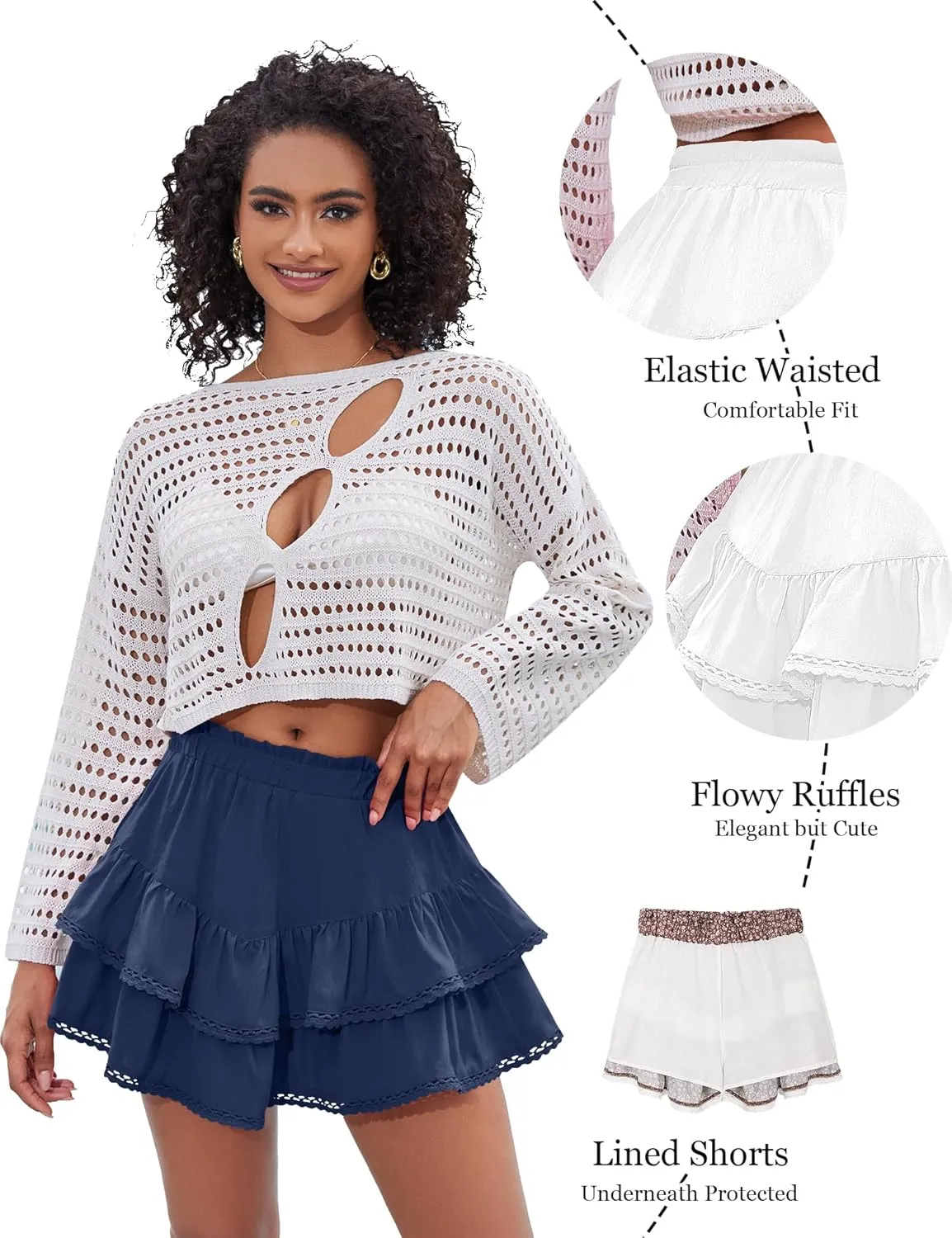 LOMON Flowy Skorts for Women Ruffle Tiered Skorts Casual High Waist Mini Skirts Tennis Golf Crochet Shorts