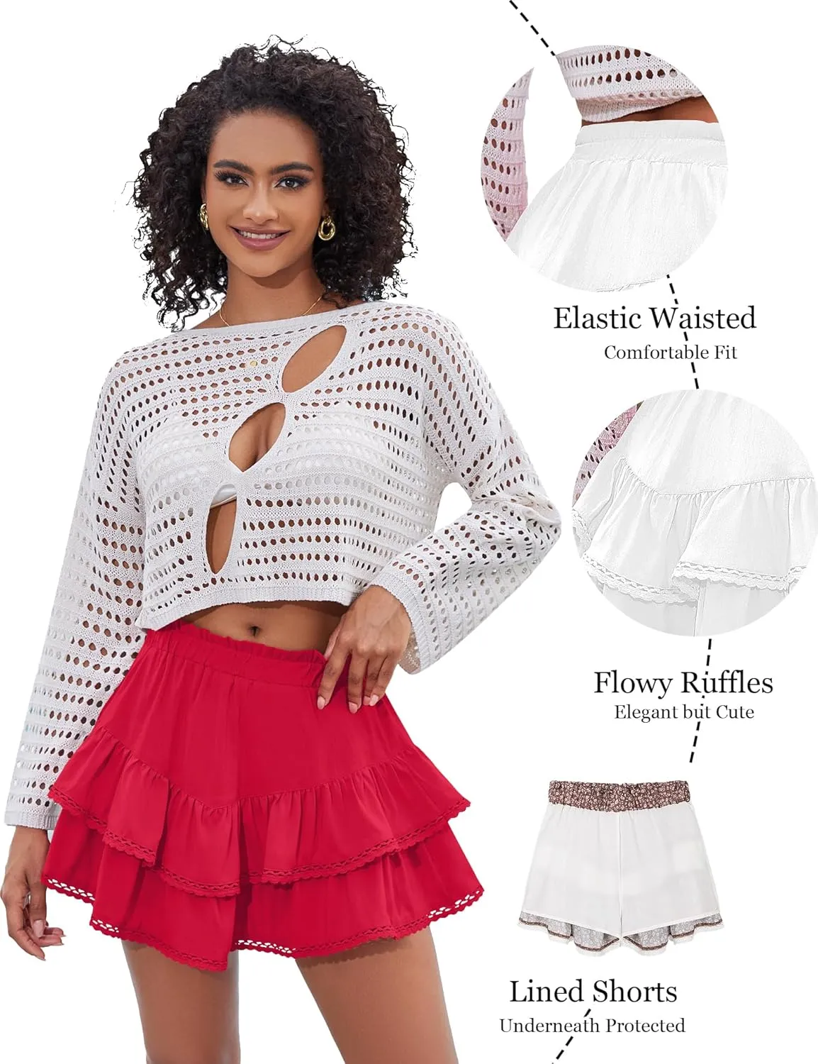 LOMON Flowy Skorts for Women Ruffle Tiered Skorts Casual High Waist Mini Skirts Tennis Golf Crochet Shorts