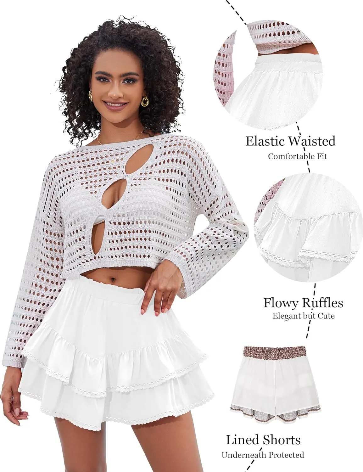 LOMON Flowy Skorts for Women Ruffle Tiered Skorts Casual High Waist Mini Skirts Tennis Golf Crochet Shorts