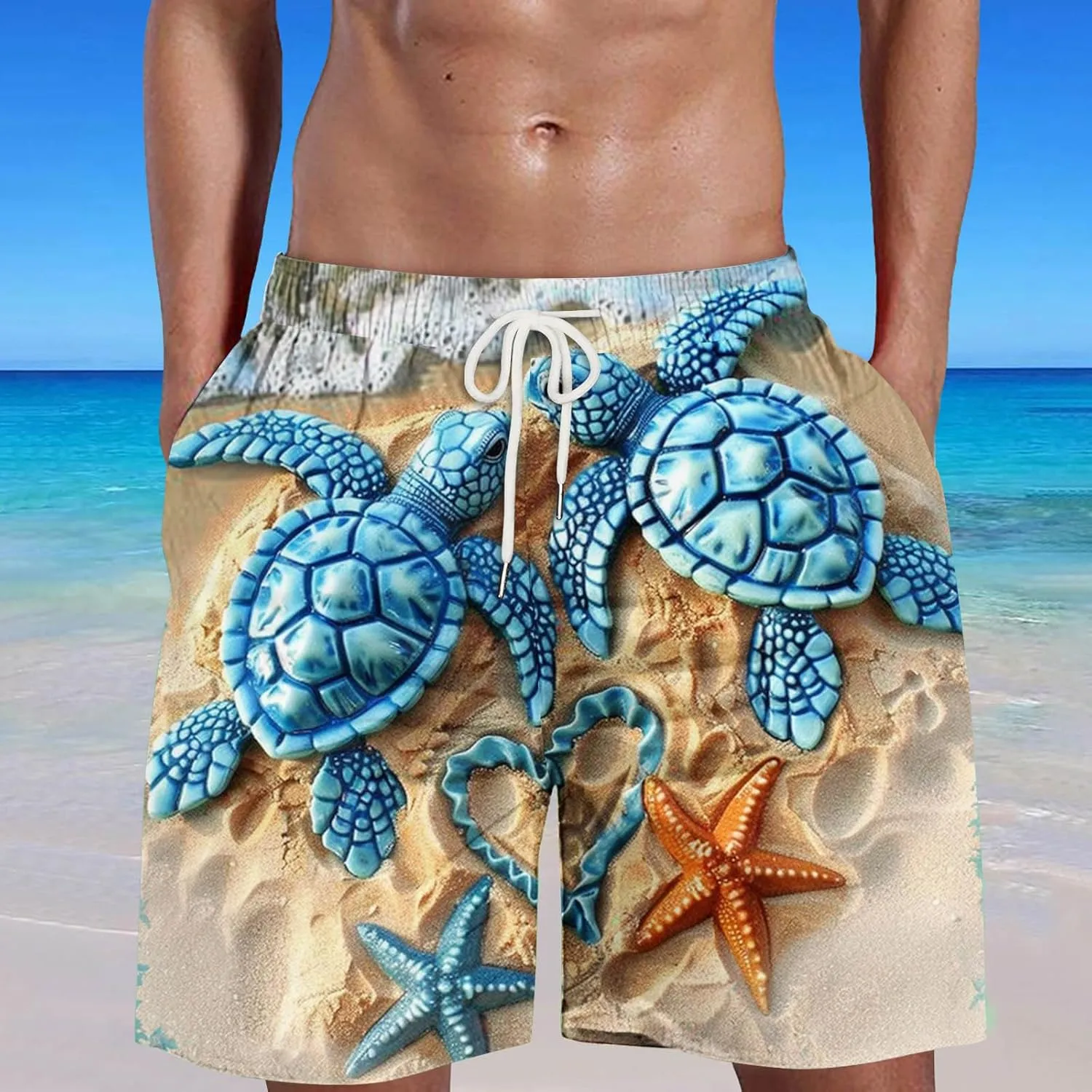 Long Swim Men Cool Quirky Digital Print Drawstring Tie Elastic Waist Casual Fashion Beach Shorts Ten Mens Shorts
