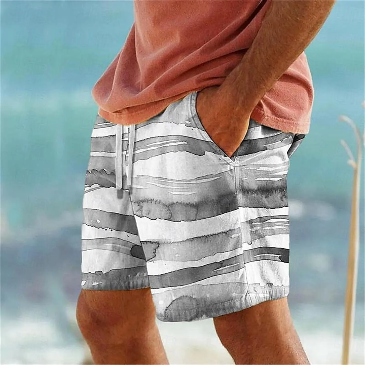 Long Swim Men Cool Quirky Digital Print Drawstring Tie Elastic Waist Casual Fashion Beach Shorts Ten Mens Shorts